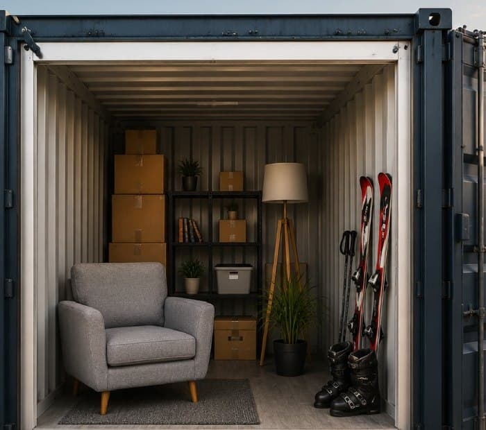 Container deschis cu mobilier și echipament sportiv depozitate